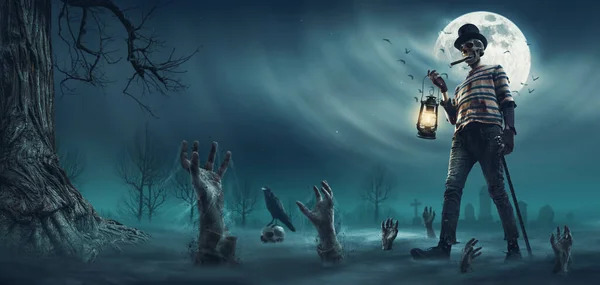 Creepy horror monster with skull head walking with a lantern at night and zombies rising from the ground, copy space