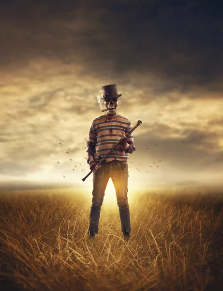 Creepy monster with skull head standing in the fields at sunset, Halloween and horror concept