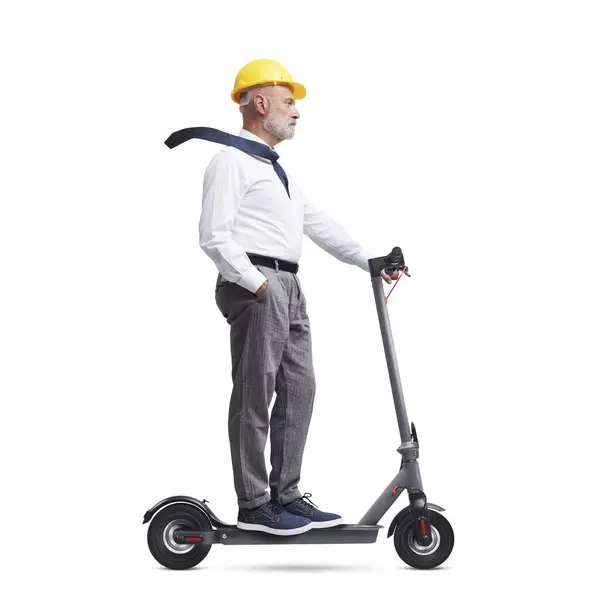 Professional Senior Architect Wearing Safety Helmet Riding Electric Scooter Isolated — Stock Photo, Image