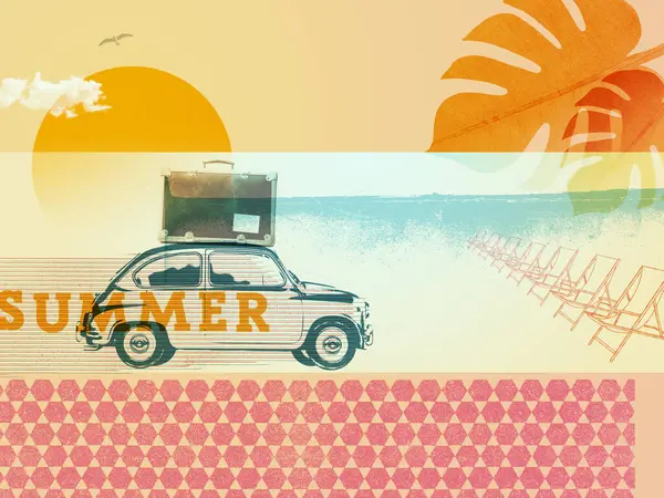 Summer Vacations Retro Style Collage Vintage Car Beach — Stock Photo, Image