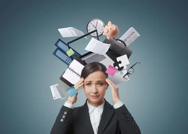 Businesswoman Collage Business Items Office Supplies Her Head Brain Overload — Stock Photo, Image