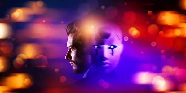Man and futuristic AI android robot merging together, Artificial Intelligence concept