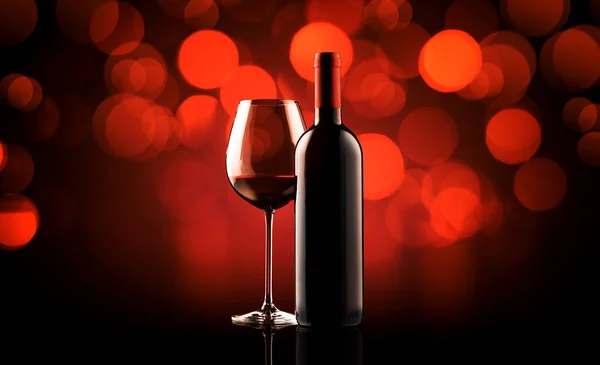 Wineglass Wine Bottle Red Bokeh Lights Winetasting Celebration Background — Stock Photo, Image