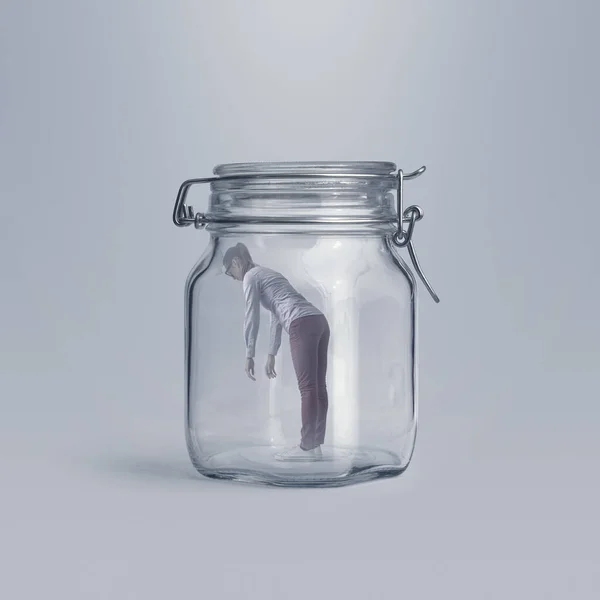 Scared Young Woman Trapped Huge Glass Jar She Lonely Hopeless — Stock Photo, Image