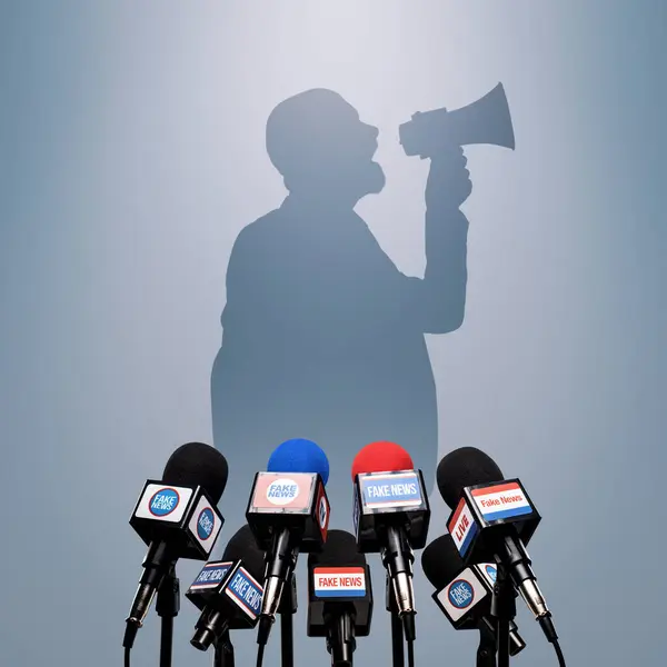 Microphones Prepared Press Conference Silhouette Man Shouting Megaphone Fake News — Stock Photo, Image