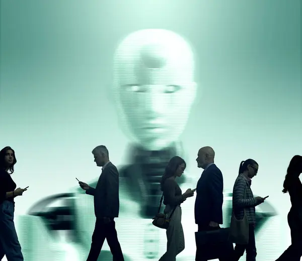 Huge AI robot on screen and crowd of distracted people walking