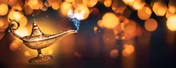 Precious Magic Lamp Smoke Golden Bokeh Background Wish Fulfillment Fantasy — Stock Photo, Image
