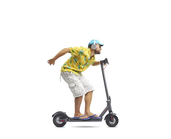 Cool Stylish Man Wearing Colorful Beach Shirt Riding Fast Eco — Stock Photo, Image