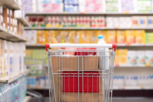 Lebensmittelgeschäft Innenausstattung Mit Warenkorb Und Regalen Lebensmitteleinkaufskonzept — Stockfoto