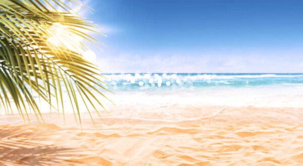 Hermosa Vista Exótica Playa Con Arena Palmeras Vacaciones Verano Fondo — Foto de Stock