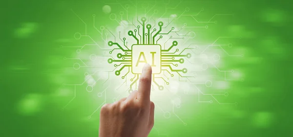 Menselijke Hand Aanraken Van Een Chip Kunstmatige Intelligentie Achtergrond — Stockfoto