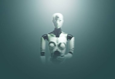 İnsansı yapay zeka robotu ekranda kameraya bakıyor.