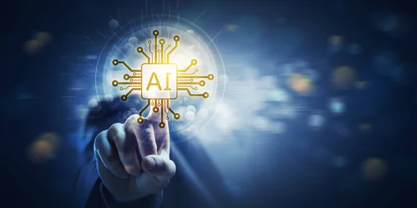 Businessman touching an AI chip, human-AI interaction concept, copy space