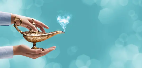 Woman Holding Genie Lamp Making Wish Fairy Tales Magic Concept — Stock Photo, Image