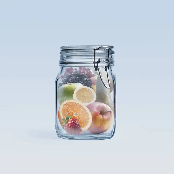 新鮮なフルーツ 食品保存コンセプトで満たされたクリップトップガラス瓶 — ストック写真