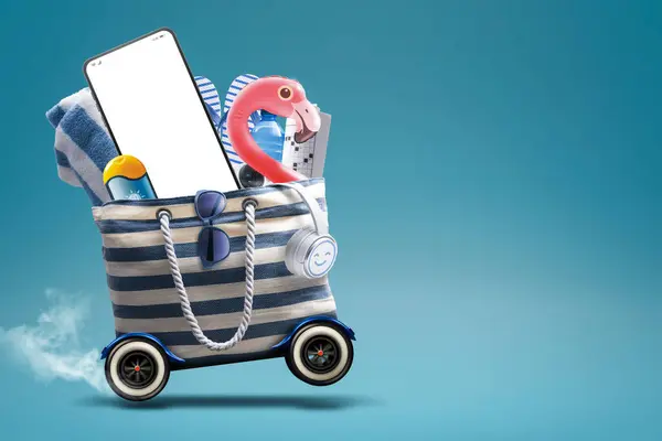 Funny Beach Bag Wheels Smartphone Summer Vacation Mobile App Concept — Stock Photo, Image