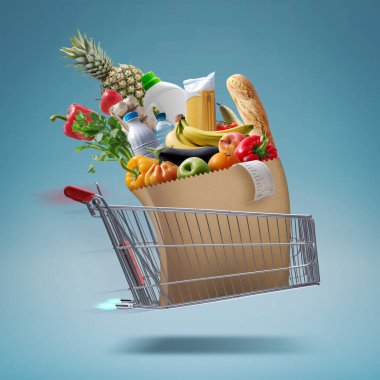 Fast rocket-propelled shopping cart flying and delivering fresh groceries, online grocery shopping and express delivery concept