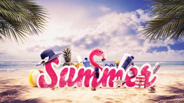 Yaz tabelası ve kumsaldaki aksesuarlar, arka planda okyanus.