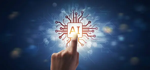 Mänsklig Hand Vidröra Chip Artificiell Intelligens Bakgrund — Stockfoto