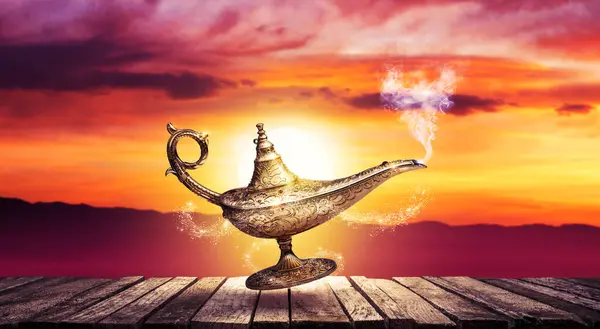 Precious Golden Magic Lamp Sunset Sky Fairy Tales Wish Fulfillment — Stock Photo, Image