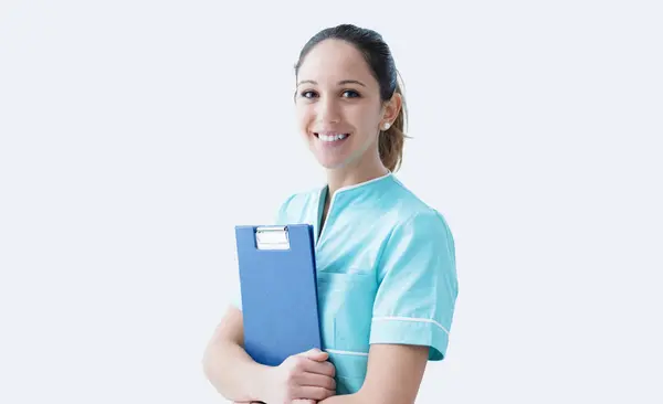 Young Female Nurse Working Hospital She Holding Medical Records Smiling — Stock Photo, Image