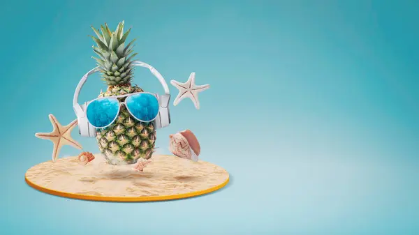 Grappige Ananas Met Koptelefoon Zonnebril Het Tropische Strand Zomervakantie Feestconcept — Stockfoto