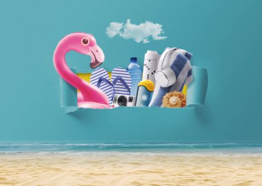 Gökyüzündeki yırtık bir delikten çıkan renkli plaj aksesuarları, yaz tatili konsepti.