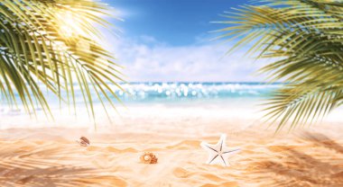 Kum ve palmiye ağaçlarıyla güzel egzotik sahil manzarası, yaz tatilleri ve seyahat geçmişi.