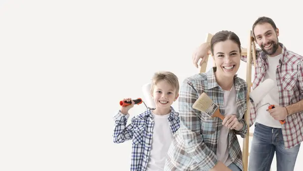 Happy Family Young Boy Renovating Home Painting Walls Smiling Camera — Stock Photo, Image