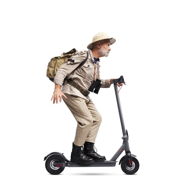 Funny Explorer Tourist Travelling Riding Fast Electric Scooter Isolated White — Stock Photo, Image