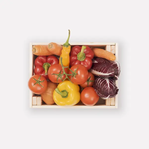 Fresh Tasty Red Yellow Vegetables Wooden Crates Isolated Healthy Eating — Stock Photo, Image
