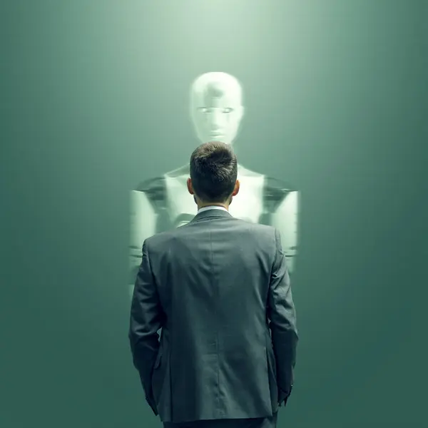 Businessman Staring Humanoid Robot Screen Artificial Intelligence Sci Concept — Stock Photo, Image