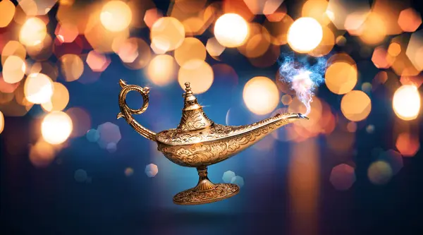Precious Magic Lamp Smoke Golden Bokeh Background Wish Fulfillment Fantasy — Stock Photo, Image