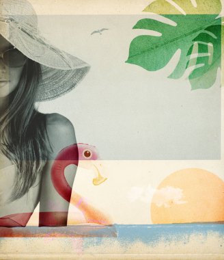 Plajda yaz tatilleri, içinde güzel genç bir kadının olduğu klasik kolaj posterleri, eski resimler.