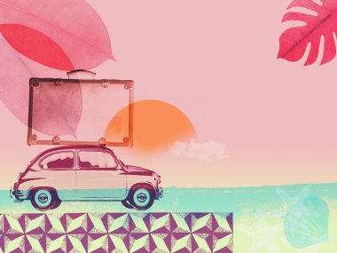 Summer vacations retro style collage with vintage car and suitcase