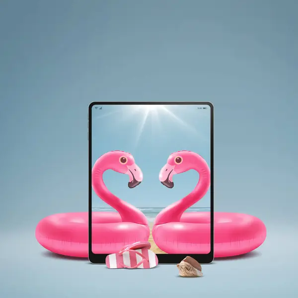 Uwielbia Dmuchane Flamingi Tablecie Cyfrowym Letnie Wakacje Koncepcję Aplikacji Mobilnych — Zdjęcie stockowe