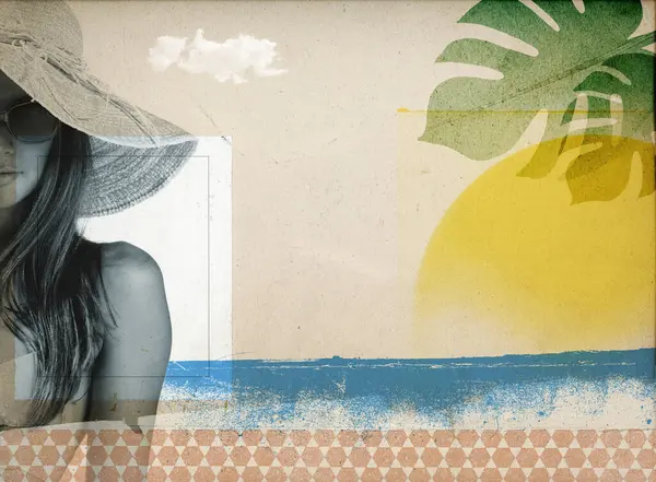 Férias Verão Praia Poster Colagem Vintage Com Belo Retrato Jovem — Fotografia de Stock