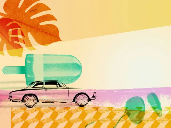Summer Vacations Retro Style Collage Vintage Car Beach Popsicle — Stock Photo, Image