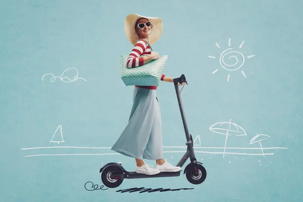 Mujer Turista Moda Feliz Montando Scooter Eléctrico Ecológico Playa Dibujada Fotos De Stock Sin Royalties Gratis