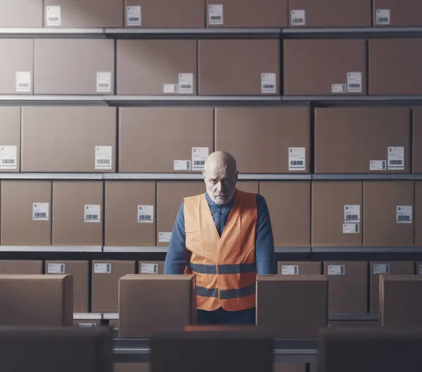 コンベヤー ベルトの箱を点検する悲しい欲求不満の倉庫労働者 退屈な繰り返しの仕事の概念 — ストック写真