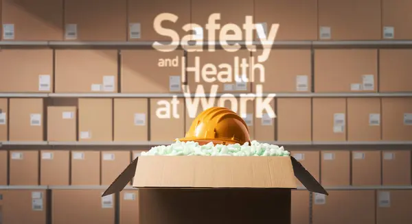 Safety and health at work: protective safety helmet in a delivery box filled with packing chips