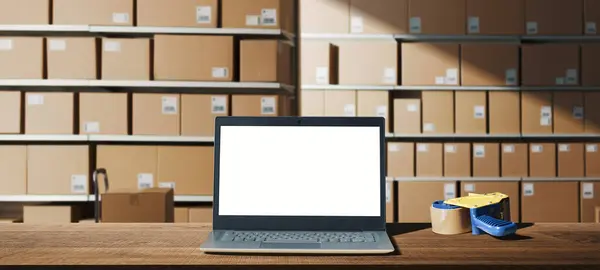 Laptop Com Tela Branco Uma Mesa Armazém Conceito Serviço Entrega — Fotografia de Stock