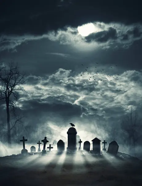 Creepy horror cemetery with old graves and crow, Halloween and horror background