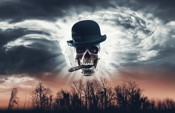 Creepy Skull Bowler Hat Smoking Sky Halloween Horror Concept — Stock Photo, Image