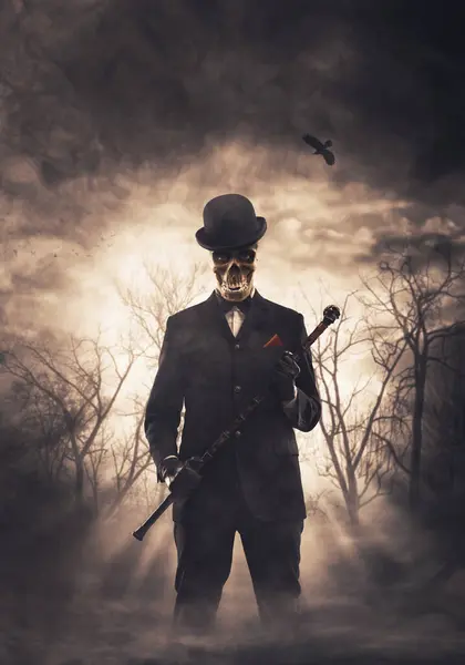 Scary evil demon with skull head wearing an elegant suit and holding a walking stick, he is standing in the dark forest, horror and Halloween concept