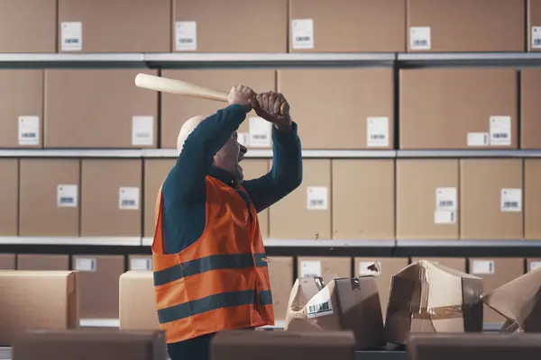 Crazy Rebellious Warehouse Worker Smashing Cardboard Boxes Baseball Bat — Stock Photo, Image