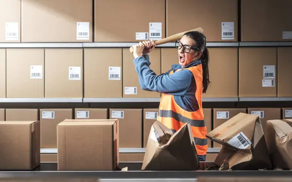 Aggressive Rebellious Warehouse Worker Smashing Boxes Work She Frustrated Angry Stock Image