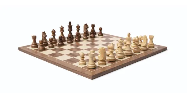 Ξύλινη Σκακιέρα Κομμάτια Σκακιού Έτοιμη Για Παιχνίδι Απομονωμένη Λευκό Φόντο Εικόνα Αρχείου