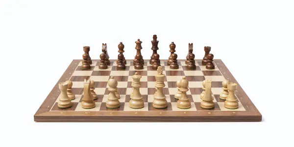 Ξύλινη Σκακιέρα Κομμάτια Σκακιού Έτοιμη Για Παιχνίδι Απομονωμένη Λευκό Φόντο Φωτογραφία Αρχείου