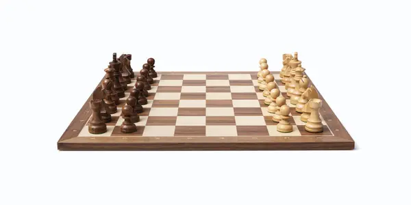 Ξύλινη Σκακιέρα Κομμάτια Σκακιού Έτοιμη Για Παιχνίδι Απομονωμένη Λευκό Φόντο Εικόνα Αρχείου